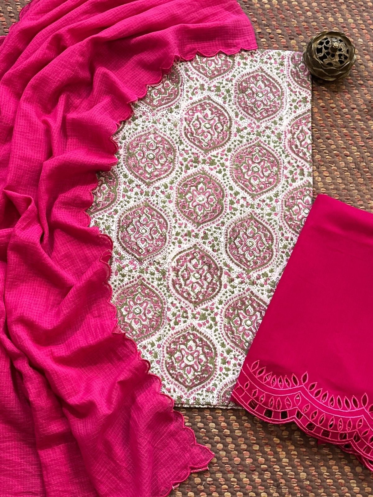 Pure Cotton Hand-blocked Fabric with Cutwork Bottom & Kota Doria Dupatta